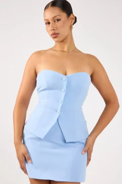 Luna Strapless Button Through Top Blue