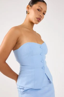 Luna Strapless Button Through Top Blue