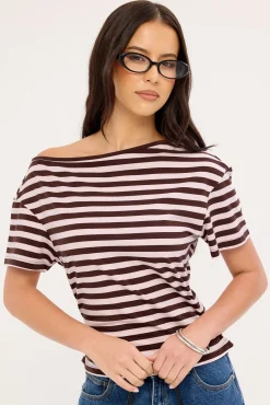 Lydia Stripe Off Shoulder T-shirt Brown and Pink