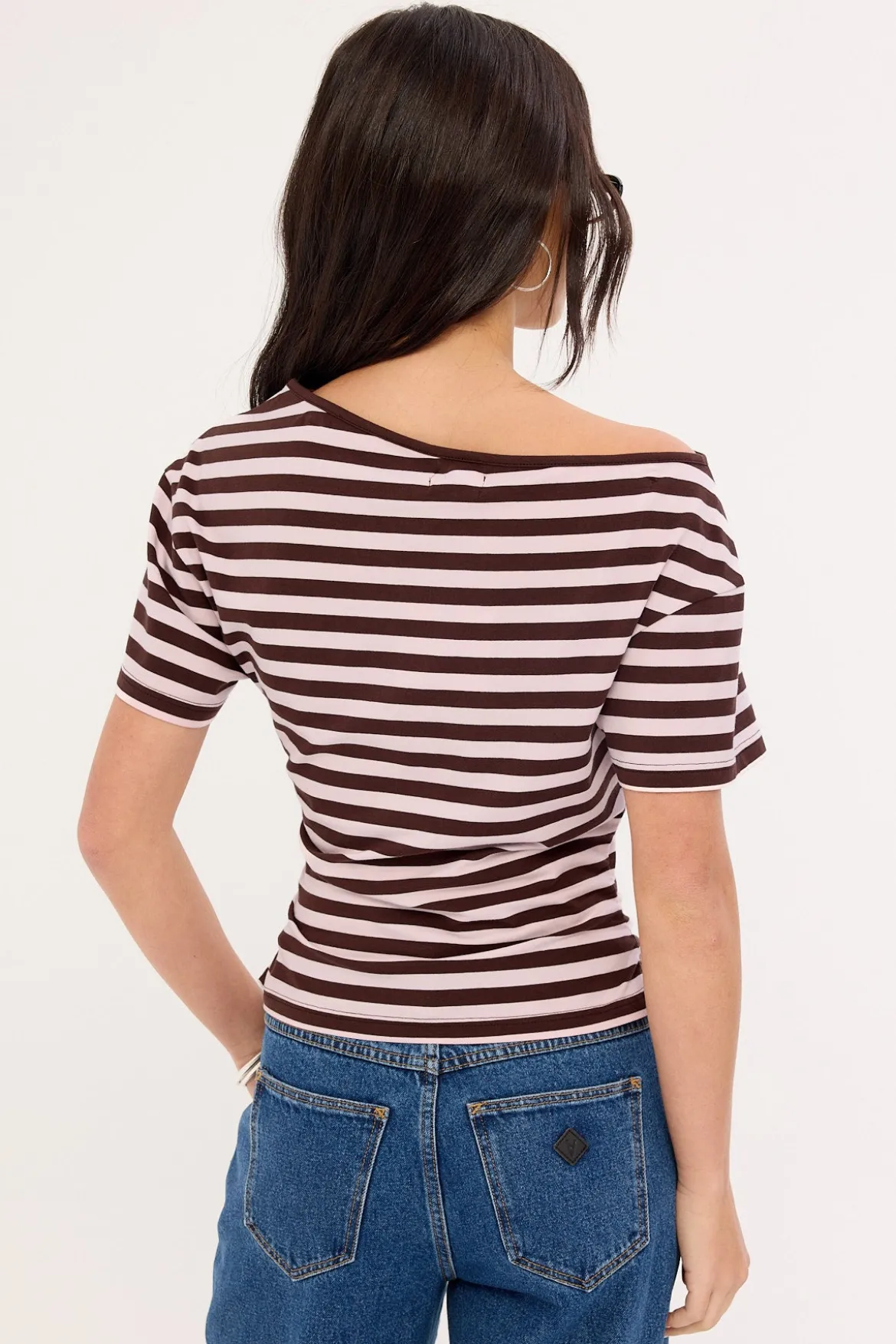 Lydia Stripe Off Shoulder T-shirt Brown and Pink