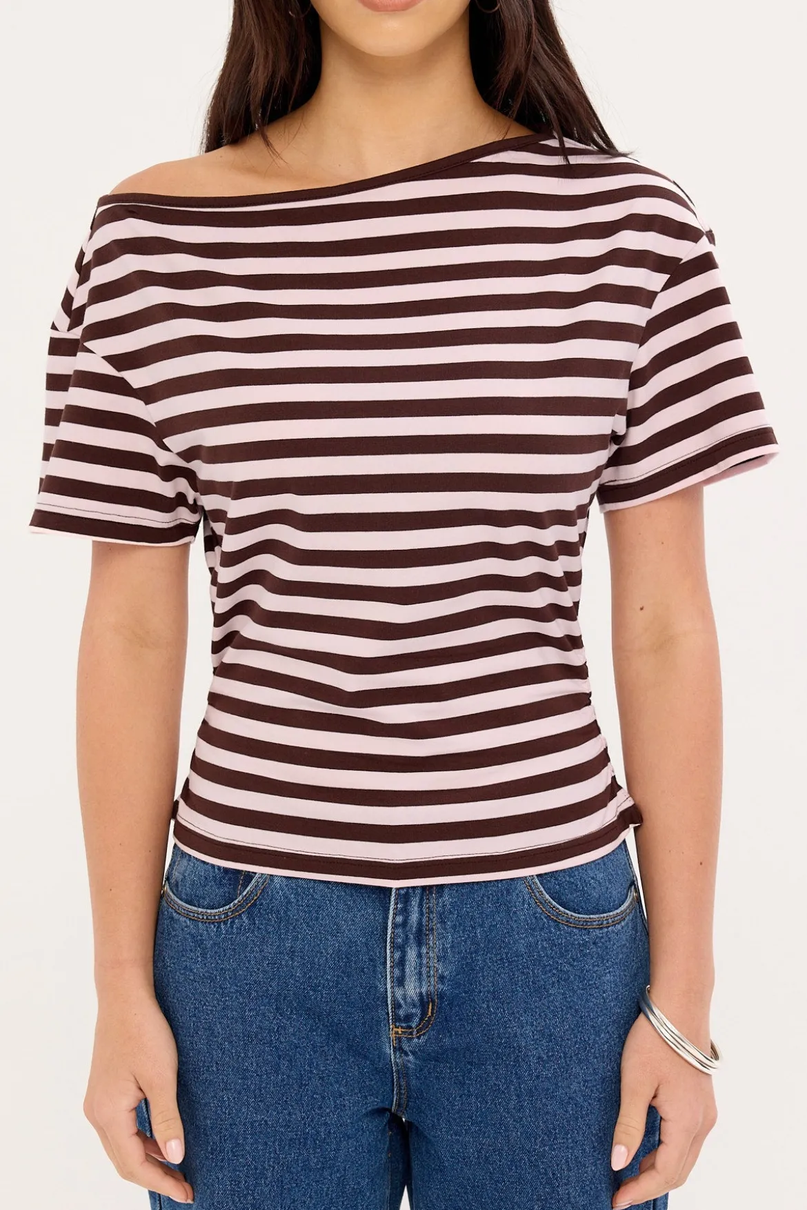 Lydia Stripe Off Shoulder T-shirt Brown and Pink