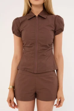 Lyra Zip Through Top Choc