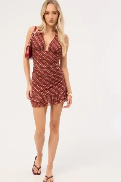 Mahli Mesh Halter Mini Dress Brown Check