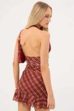 Mahli Mesh Halter Mini Dress Brown Check