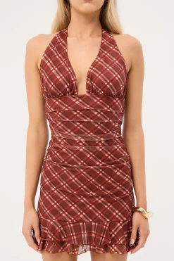 Mahli Mesh Halter Mini Dress Brown Check