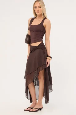 Malia Asymmetrical Midi Skirt Brown