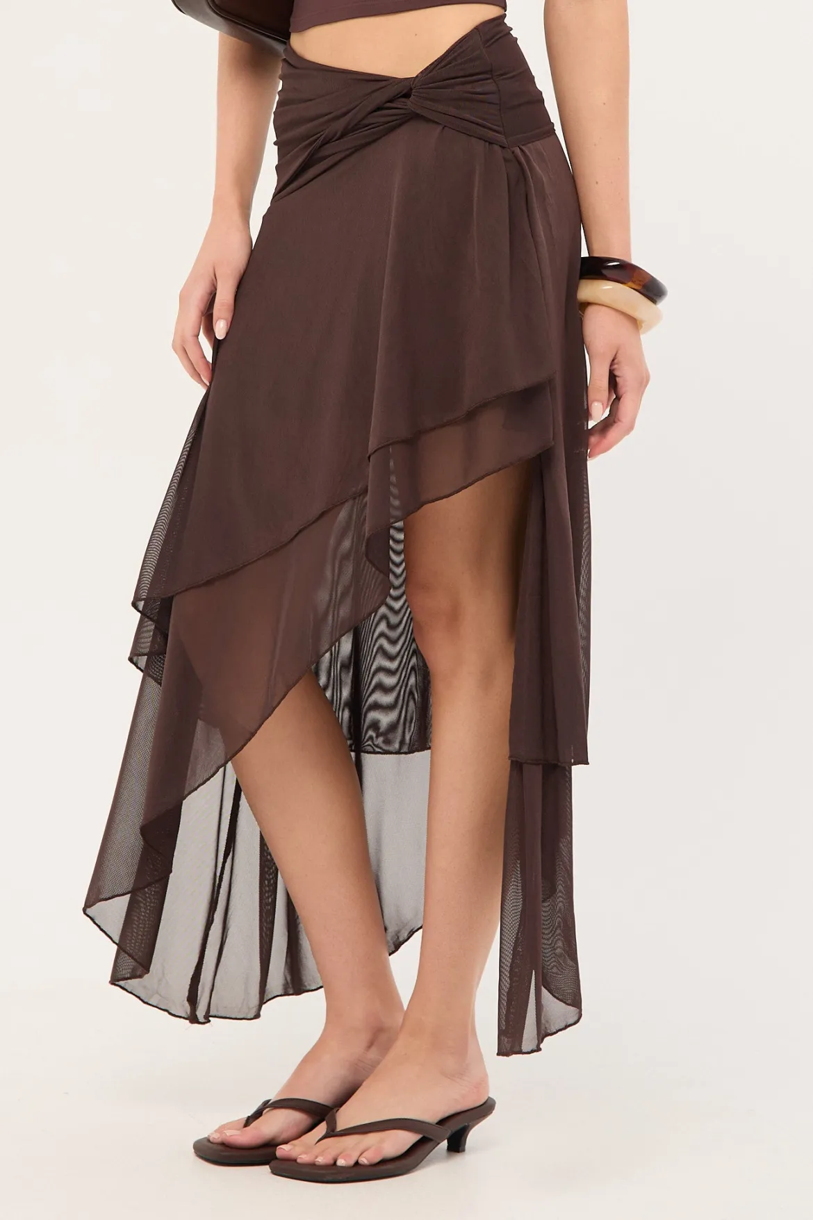 Malia Asymmetrical Midi Skirt Brown