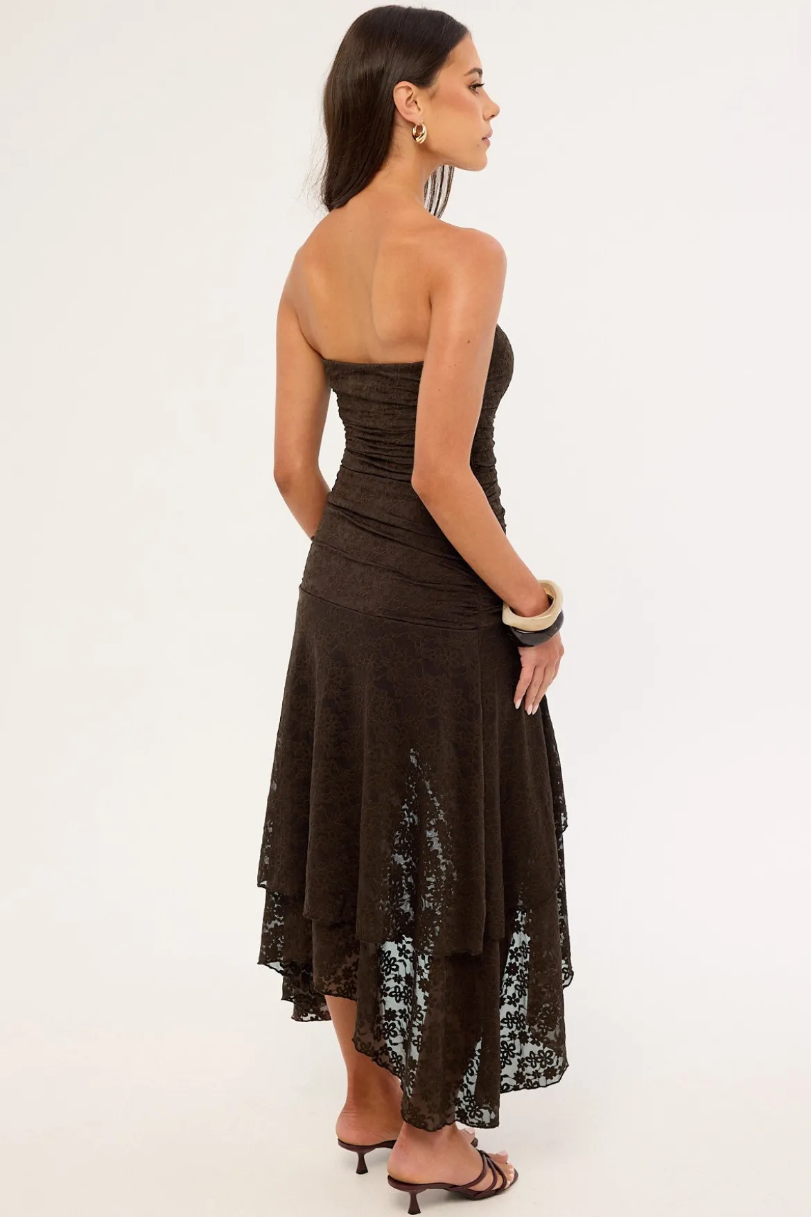 Malia Lace Strapless Asymmetrical Midi Dress Brown
