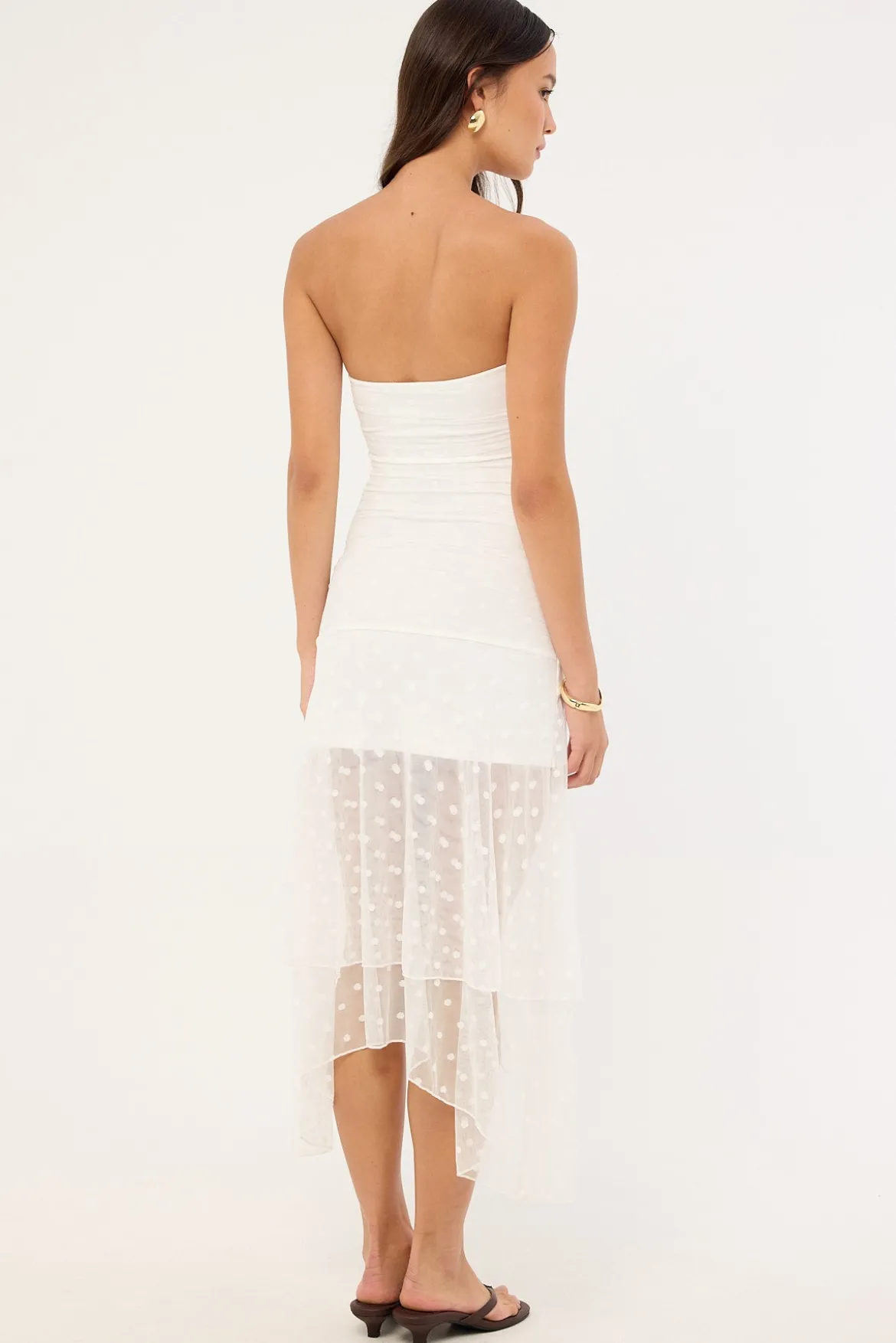 Malia Polka Strapless Asymmetrical Midi Dress White