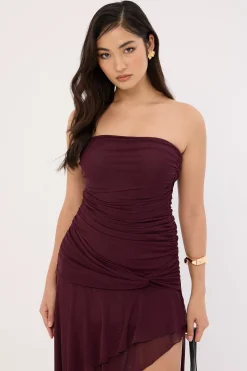 Malia Strapless Asymmetrical Midi Dress Plum