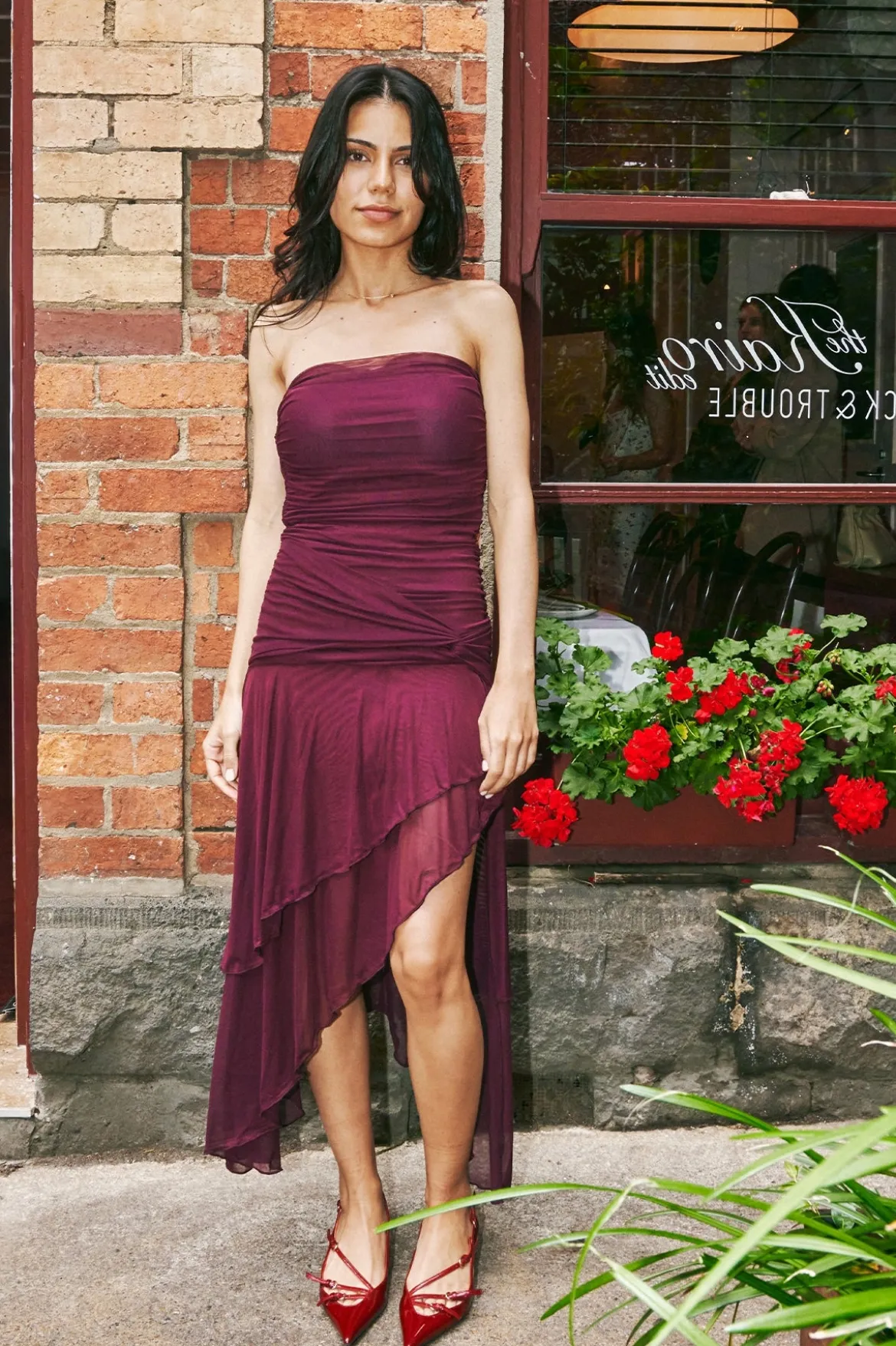 Malia Strapless Asymmetrical Midi Dress Plum