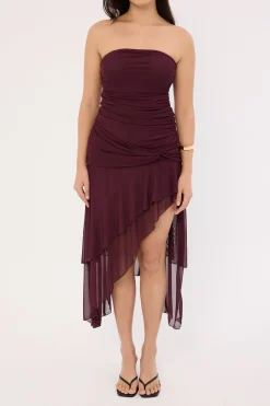 Malia Strapless Asymmetrical Midi Dress Plum