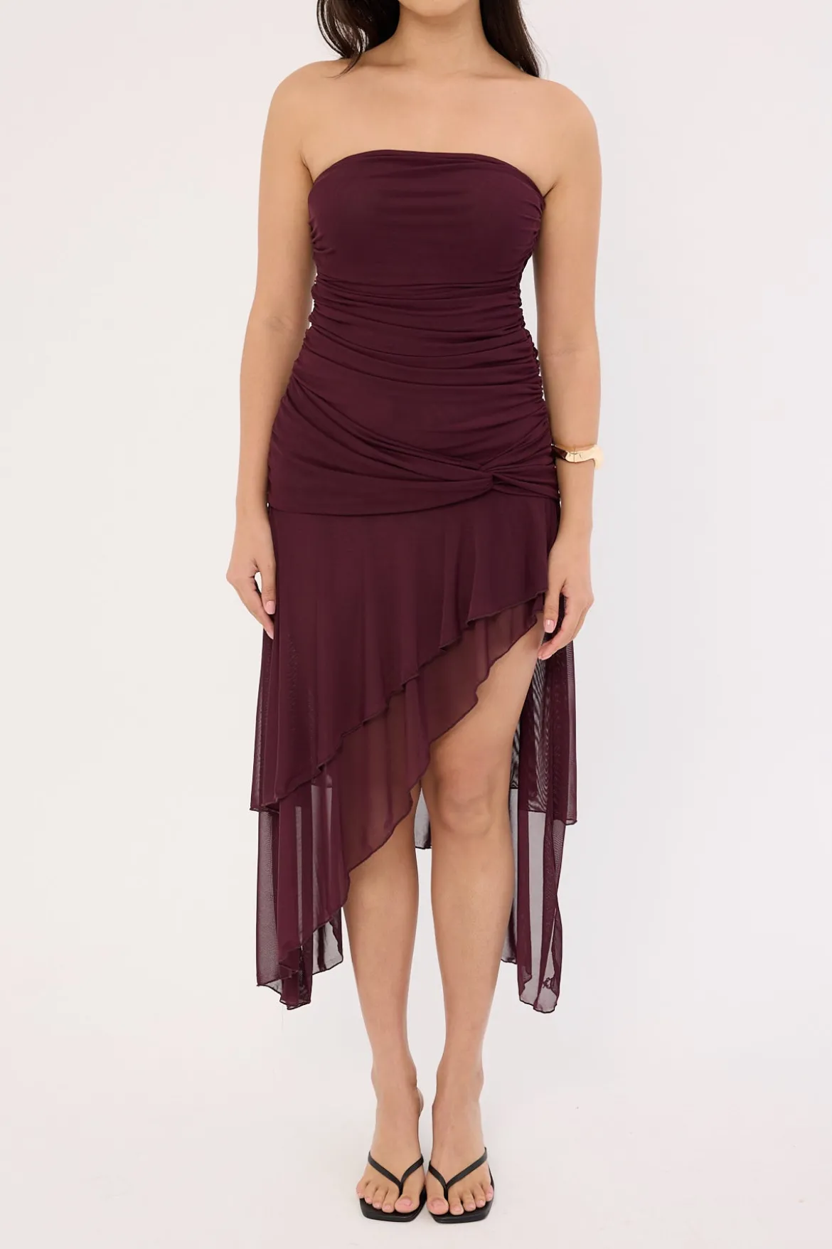 Malia Strapless Asymmetrical Midi Dress Plum