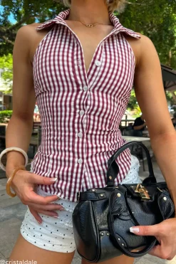 Marie Sleeveless Button Up Blouse Burgundy Check