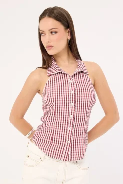 Marie Sleeveless Button Up Blouse Burgundy Check