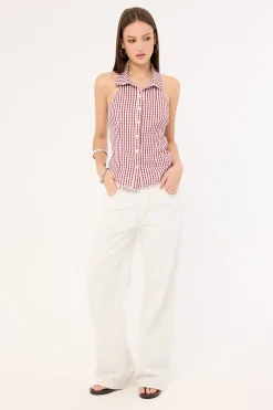 Marie Sleeveless Button Up Blouse Burgundy Check