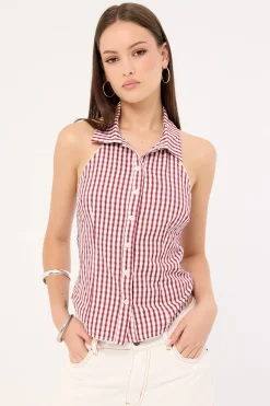 Marie Sleeveless Button Up Blouse Burgundy Check
