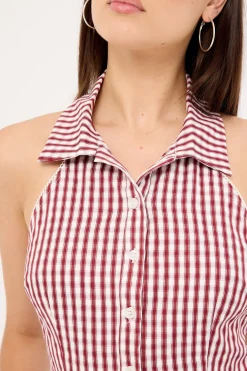 Marie Sleeveless Button Up Blouse Burgundy Check