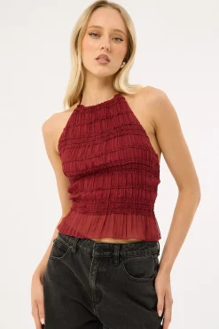 Marisole Halter Gathered Tie Top Burgundy