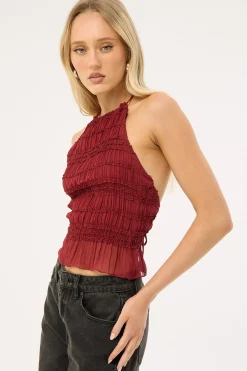 Marisole Halter Gathered Tie Top Burgundy