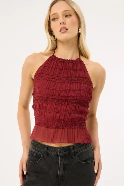 Marisole Halter Gathered Tie Top Burgundy