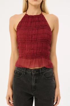 Marisole Halter Gathered Tie Top Burgundy