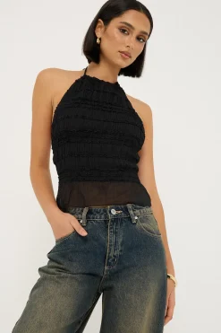 Marisole Halter Gathered Tie Top Black