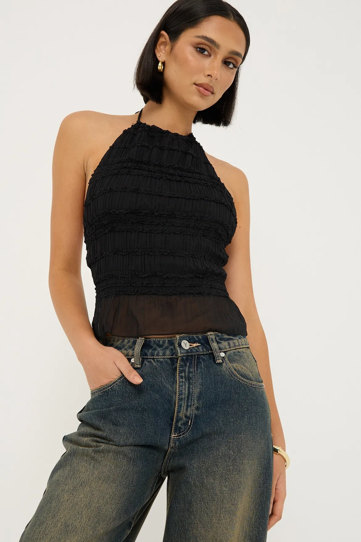 Marisole Halter Gathered Tie Top Black