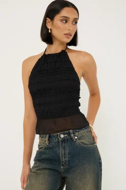 Marisole Halter Gathered Tie Top Black