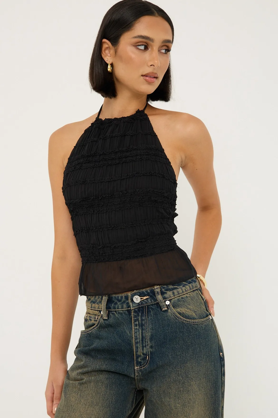 Marisole Halter Gathered Tie Top Black