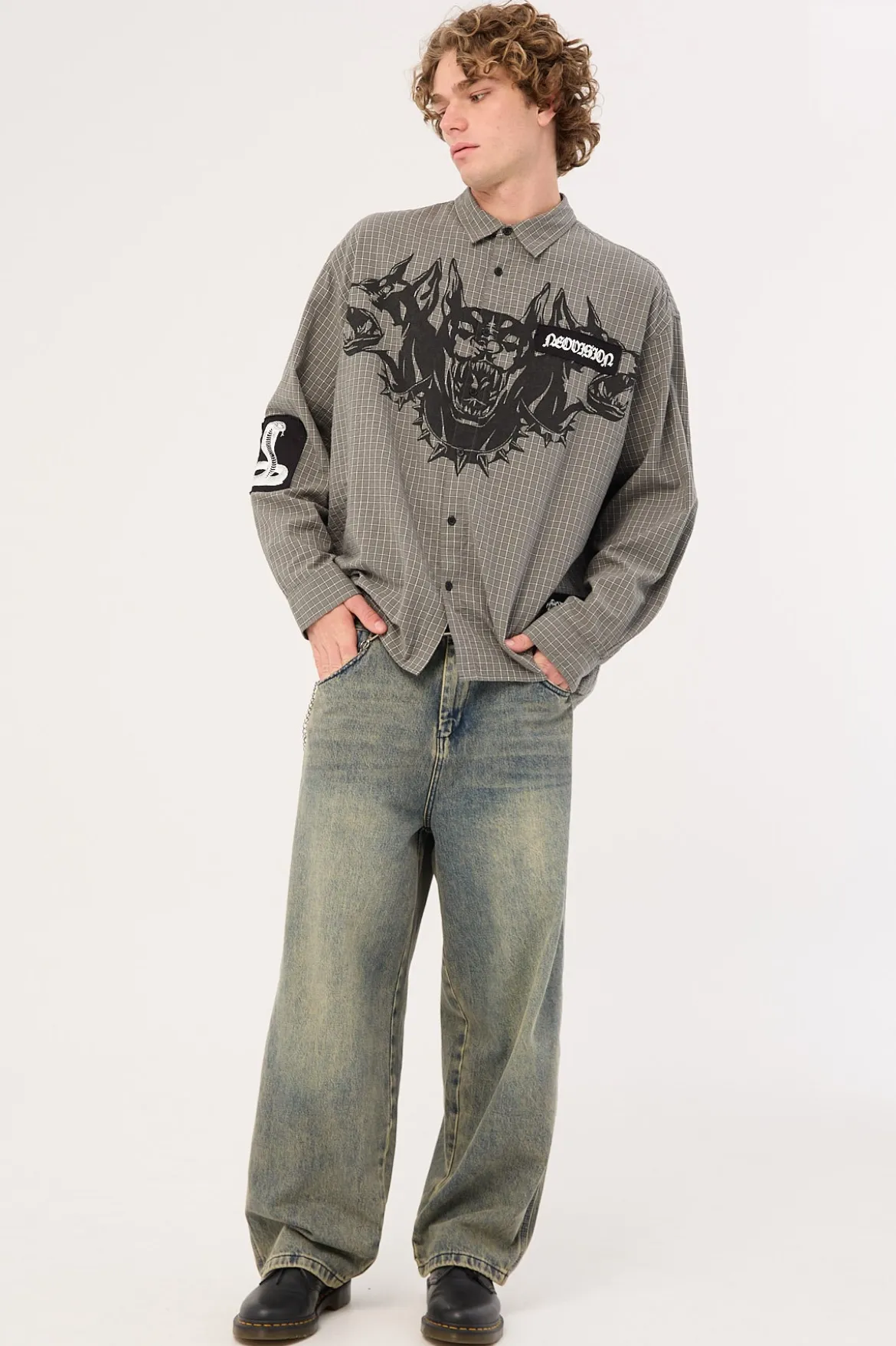 Marked Oversized Long Sleeve Shirt Khaki/Black/White