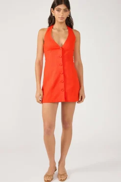 Menorca Halter Button Linen Mini Dress Red