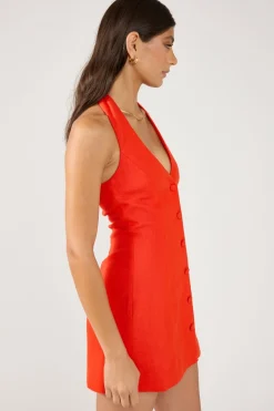 Menorca Halter Button Linen Mini Dress Red