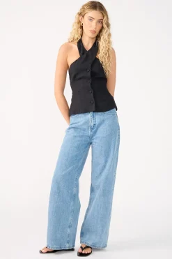 Menorca High Neck Button Up Halter Top Black