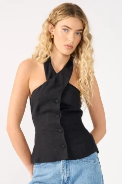 Menorca High Neck Button Up Halter Top Black