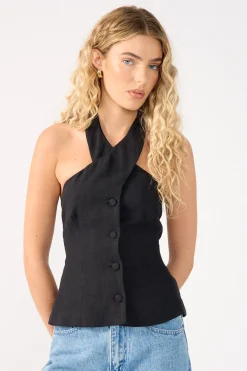 Menorca High Neck Button Up Halter Top Black