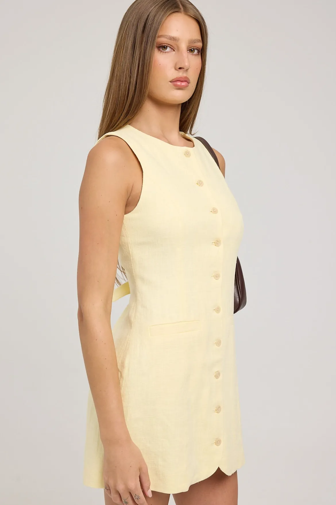 Menorca High Neck Linen Mini Dress Lemon