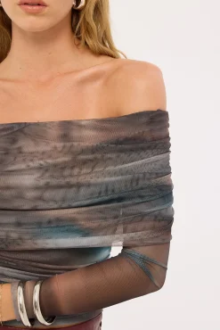 Meteor Elyse Off Shoulder Recycled Top Blur Print