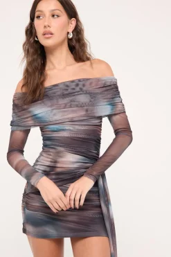 Meteor Elyse Off Shoulder Recycled Dress Blur Print