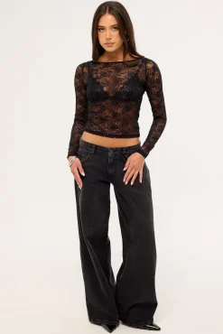 Mia Sequin Lace Long Sleeve Top Black