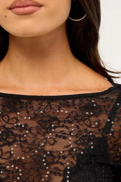 Mia Sequin Lace Long Sleeve Top Black