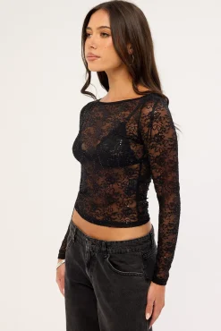 Mia Sequin Lace Long Sleeve Top Black