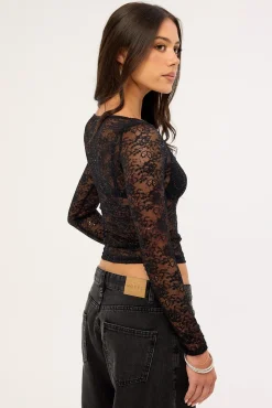 Mia Sequin Lace Long Sleeve Top Black