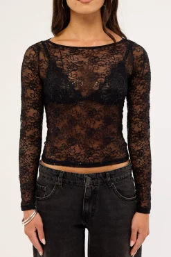 Mia Sequin Lace Long Sleeve Top Black