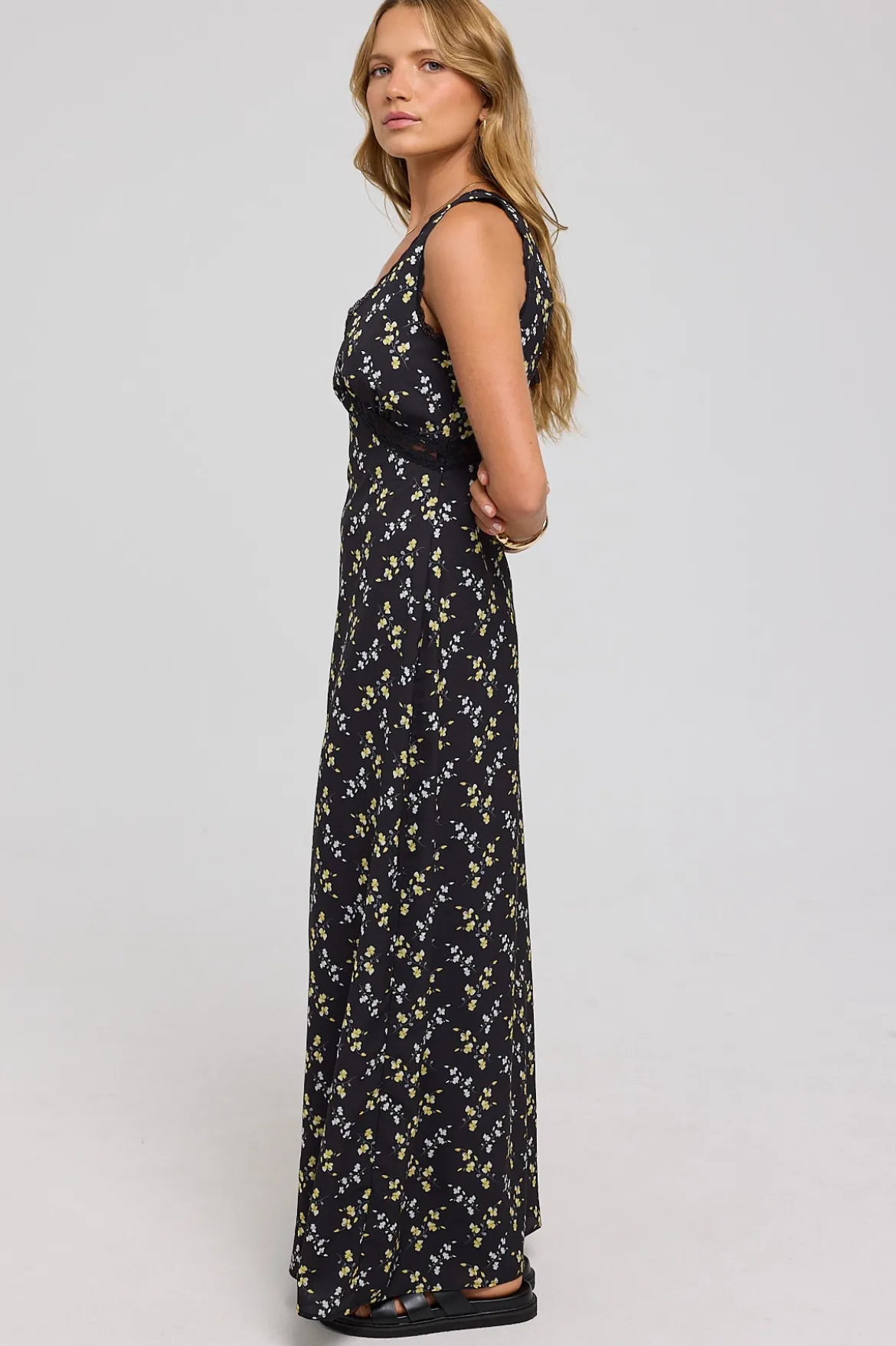 Midnight Meadows Lace Midi Dress Yellow Floral
