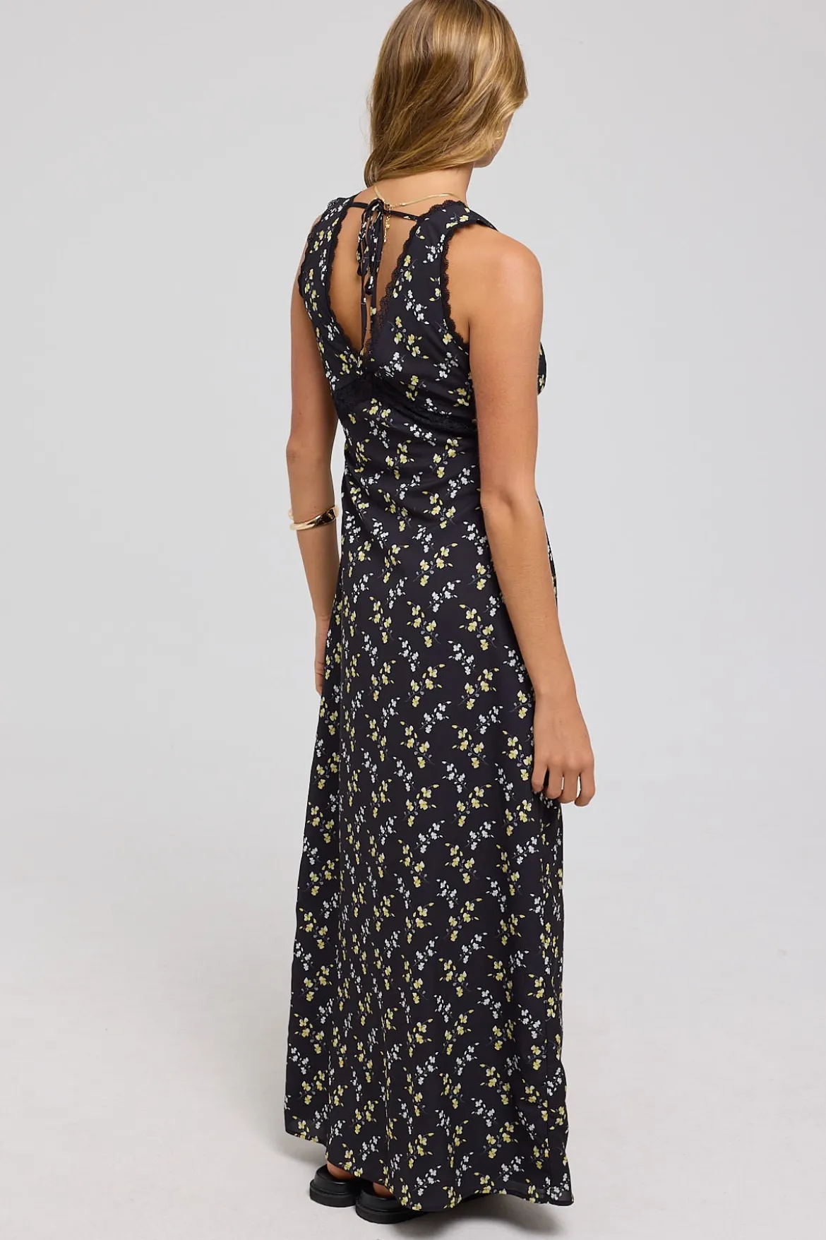 Midnight Meadows Lace Midi Dress Yellow Floral