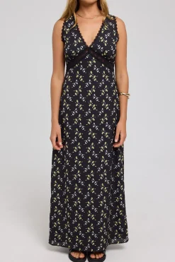 Midnight Meadows Lace Midi Dress Yellow Floral
