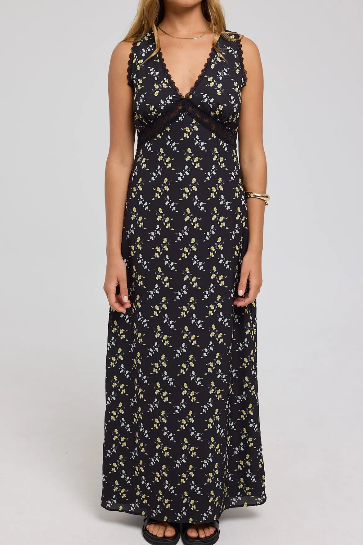 Midnight Meadows Lace Midi Dress Yellow Floral