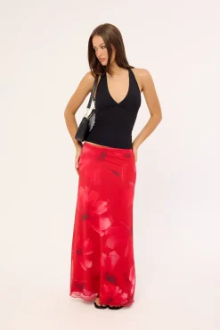 Mindy Mesh Floral Maxi Skirt Red