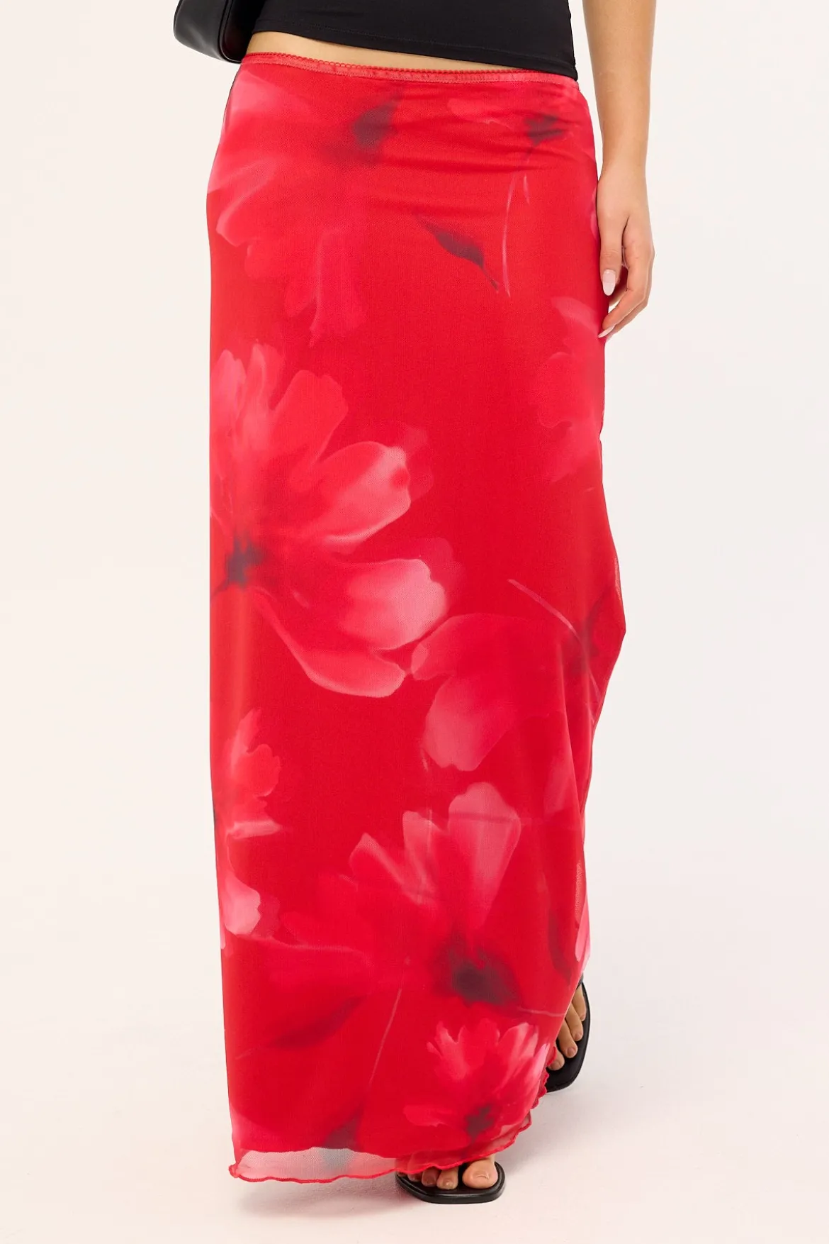 Mindy Mesh Floral Maxi Skirt Red